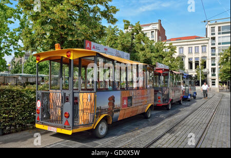 Anversa, Belgio. 10 Luglio, 2016. Treno turistico nel centro della città in attesa di turisti e visitatori arrivati per caso di partenza il giorno di Tall Ships gare su luglio 10, 2016 ad Anversa, Belgio © Skyfish/Alamy Live News Credito: Skyfish/Alamy Live News Foto Stock