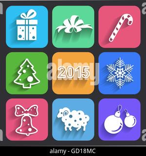 Set di Natale e del nuovo anno le icone di piatto con lunghe ombre. Illustrazione Vettoriale