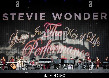 Solo uso editoriale Stevie Wonder esecuzione presso il British Summer Time festival in Hyde Park, Londra. Foto Stock