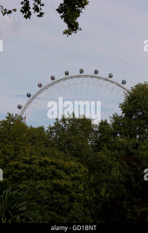 LONDON, Regno Unito - 11 settembre 2015: chiusura del Millennium Wheel rivolto verso il cielo, con alberi in primo piano Foto Stock