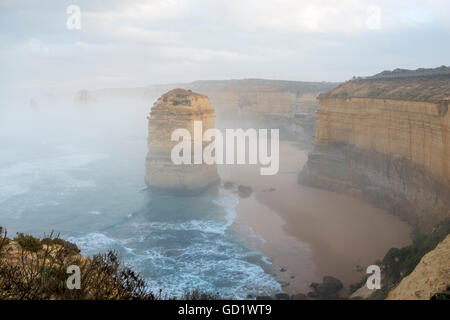 La nebbia avvolge Australia iconici dodici apostoli sulla Great Ocean Road Foto Stock