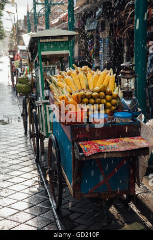 Cucina di strada stallo con grigliate di grano sotto la pioggia, Ubud, Bali, Indonesia Foto Stock