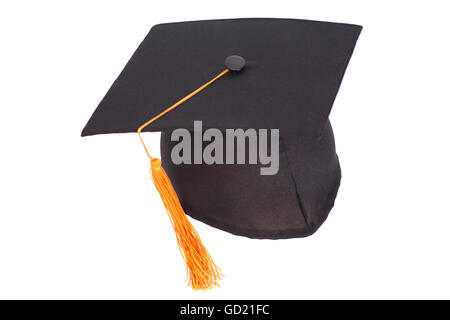 Graduazione nera Hat con oro fiocco isolato su sfondo bianco. Foto Stock