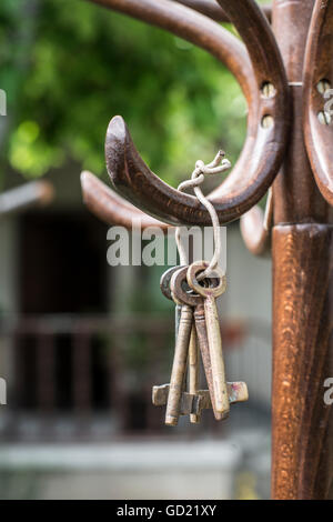 Bundle di vecchie chiavi su un vintage appendiabiti in legno in giardino Foto Stock