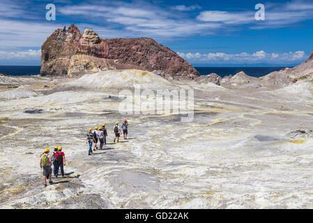 I turisti ad esplorare l'Isola Bianca vulcano, un vulcano attivo nella Baia di Planty, Isola del nord, Nuova Zelanda, Pacific Foto Stock