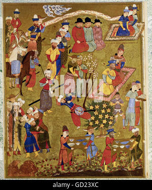 Belle arti, arte islamica, la Persia, miniatura, uomini a un open-air feat, Shiraz, circa 1440, Cleveland Museum of Art, , artista del diritto d'autore non deve essere cancellata Foto Stock