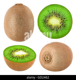 Raccolta di tutto e tagliare kiwi isolato su sfondo bianco con tracciato di ritaglio Foto Stock