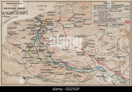 Fronte occidentale principali linee di battaglia. Vintage map. WW1 Prima Guerra Mondiale. Fiandre 1922 Foto Stock