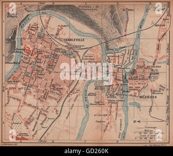 CHARLEVILLE-Mézières. Vintage town city ville piano mappa carte. Ardenne, 1922 Foto Stock