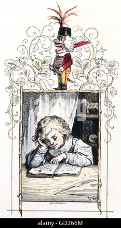 Belle arti, Richter, Ludwig (1803 - 1884), grafica, lettura ragazzo, la xilografia colorata per 'Der Wintergast', in 'Illustrierte Jugend-Zeitung', pubblicato da Wiegand, Lipsia, 1847, collezione privata, , artista del diritto d'autore non deve essere cancellata Foto Stock