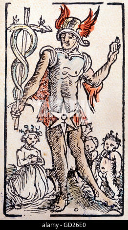 Astrologia, pianeti, Mercurio, con ascendenti Virgo, la Vergine e Gemelli, da un calendario di Augusta, taglio di legno, colorato, Germania, primi 16 ° secolo, storica, storica, collezione privata, allegoria, mitologia, a lunghezza intera, alato, casco, Mercurio, caduceo, staff di araldo, Hermes, segno dello zodiaco, persone, diritti aggiuntivi-clearences-non disponibili Foto Stock