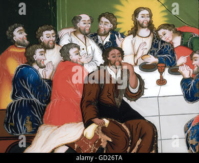 Belle arti, l'arte religiosa, 'la Santa Cena di invertire la pittura su vetro, Oberammergau prima metà del XIX secolo, Museo di Oberammergau, , artista del diritto d'autore non deve essere cancellata Foto Stock