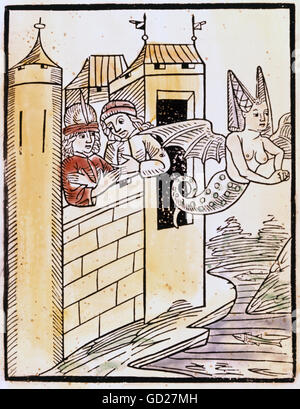 Superstizione, creature mitologiche, Melusine, che volava di nuovo nel suo regno marino, intagliato in legno colorato dal romanzo di Melusine, stampato da Bernhard Richel (Reichel), Basilea, circa 1490, Additional-Rights-Clearences-Not Available Foto Stock