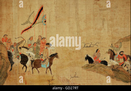 Belle Arti, pittura, Imperatore Temur sulla caccia, 308 x 42 cm, dettaglio, scorrere la pittura su seta, circa 1300, collezione privata, artista del diritto d'autore non deve essere cancellata Foto Stock
