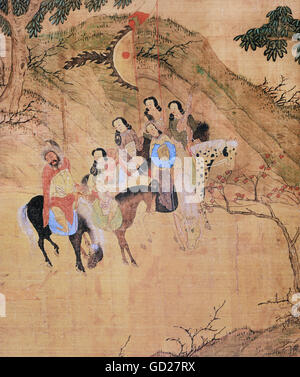 Belle Arti, pittura, Imperatore Temur sulla caccia, 308 x 42 cm, dettaglio, scorrere la pittura su seta, circa 1300, collezione privata, artista del diritto d'autore non deve essere cancellata Foto Stock