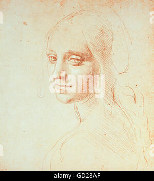 Belle arti, Leonardo da Vinci (1452 - 1519), il disegno di studio per la sua pittura "Vergine delle Rocce", circa 1483, argento punto sulla carta, intensificato con gesso bianco, altezza 18,2 cm, Biblioteca Reale di Torino, artista del diritto d'autore non deve essere cancellata Foto Stock