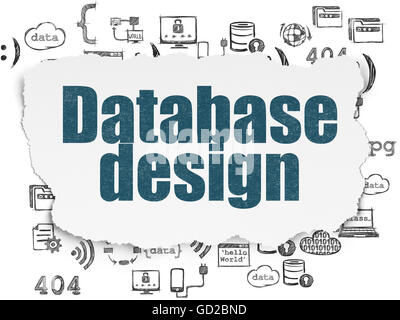 Concetto di programmazione: la progettazione di database su carta strappata sfondo Foto Stock