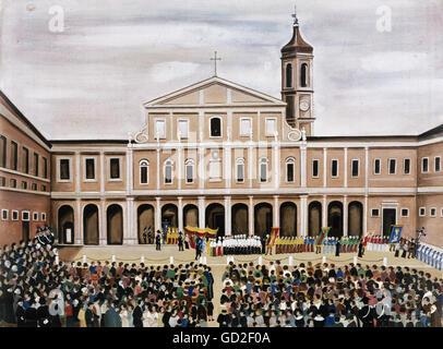 Belle arti, Metelli, Orneore (1872 - 1938), pittura, "Processione presso la Cattedrale di Terni', olio su cartone, 1937, collezione privata, , artista del diritto d'autore non deve essere cancellata Foto Stock