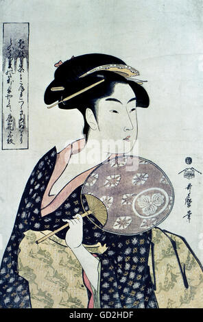 Utamaro, Kitagawa (1753 - 1806), grafico, 'la teahouse ragazza Ohisa da Takashima house', XVIII secolo, colore xilografia, collezione privata, artista del diritto d'autore non deve essere cancellata Foto Stock