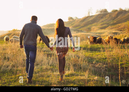 Giovane Azienda mano nella mano romantica passeggiata sul prato autunnale con le pecore Foto Stock