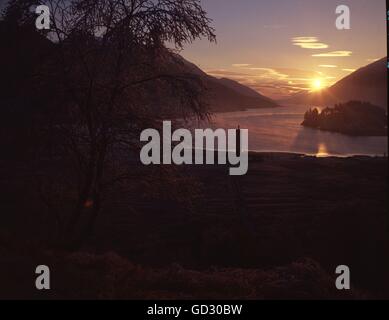 La Scozia, Iverness-Shire. Icy mattina da Loch Shiel con sever dello spessore di brina sulla betulla. Con il monumento di Glenfinnan in piedi Foto Stock