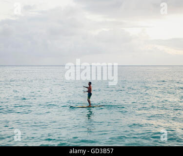 L'uomo stand up paddling in acque calme al crepuscolo Foto Stock