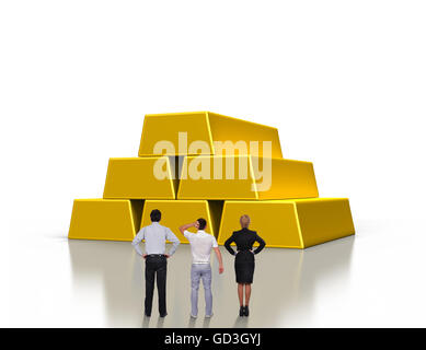 Gli imprenditori alla ricerca sulle pile di lingotti d'oro Foto Stock