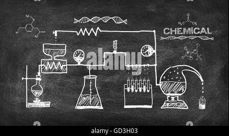 Schema di reazione chimica disegno sulla lavagna Foto Stock