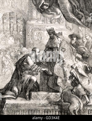 Cristoforo Colombo e il re Ferdinando II di Aragona e Isabella I di Castiglia, 1486 Foto Stock