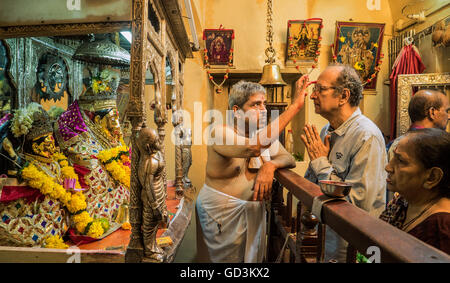 Il devoto prega al Tempio di Kalbadevi, sacerdote pandit che applica tilak, Bombay, Mumbai, Maharashtra, India, Asia Foto Stock