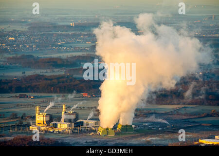 Vista aerea, GUD, la turbina a gas Power Plant, Trianel Stadtwerke Kosortium, sunrise su Hamm, vista aerea di Hamm, regione della Ruhr, Foto Stock