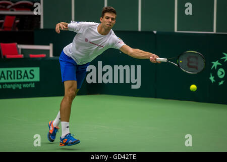 Trinec, Repubblica Ceca. 12 Luglio, 2016. Ceca giocatore di tennis Jiri Vesely in azione durante la sessione di formazione prima della Coppa Davis quarterfinal match contro la Francia in Trinec, Repubblica ceca, 12 luglio, 2016. © Petr Sznapka/CTK foto/Alamy Live News Foto Stock