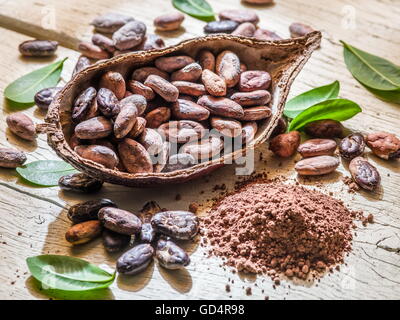 La polvere di cacao e fave di cacao su un tavolo di legno. Foto Stock