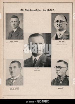 Nazismo / nazionalsocialismo, organizzazioni, Lega Nazionale Socialista per insegnanti (NSLB), capo del dipartimento, amministratore delegato Max Kolb, capo del dipartimento di organizzazione Heinrich Friedmann, capo del dipartimento di istruzione Georg Roder, capo del dipartimento di economia e giustizia Andreas Tränkenschuh, tesoriere Hugo Jünger, 'Nationalsozialistische Lehrerzeitung', agosto 1934, non sono disponibili ulteriori diritti Foto Stock