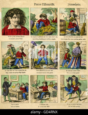 Letteratura, 'Der Struwwwwelpeter', di Heinrich Hoffmann (1809 - 1894), edizione bilingue con traduzione francese 'Pierre l'Ebouriffe', da: 'Fliegende Blaetter', Monaco di Baviera, 1850, diritti aggiuntivi-clearences-non disponibili Foto Stock