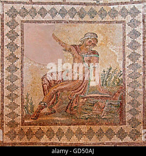 Mosaico Narciso guardando la sua riflessione in una piscina di acqua, casa di Dioniso, il parco archeologico di Paphos, Repubblica di Cipro / Pafos Foto Stock
