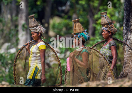 Donna di Tharu nel terai nepalese indossando abiti tradizionali per andare a pesca Foto Stock