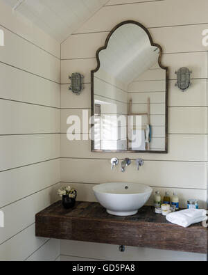 Bacinella in appoggio sulla lastra di legno in bagno con pareti rivestite dipinte di bianco e pannelli a specchio vintage Foto Stock