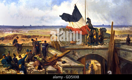 Issata la bandiera tedesca a Fort Vanves fuori Parigi 29 gennaio 1871- La guerra franco-prussiana o guerra franco-tedesca (tedesco: Deutsch-Französischer Krieg, Francese: guerre franco-allemande), a cui spesso viene fatto riferimento in Francia come la guerra del 1870 (19 luglio 1870 - 10 Maggio 1871), è stato un conflitto tra il secondo impero francese di Napoleone III e gli stati tedeschi del Nord tedesco Foto Stock