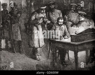 Il principe Alexander di Bulgaria costretto a firmare la sua abdicazione, 20 agosto 1886. Alexander Giuseppe, 1857 - 1893, aka Alessandro di Battenberg. Primo Principe (knyaz) della moderna Bulgaria. Foto Stock