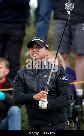 Australia Jason giorno tees off durante il giorno di pratica presso il Royal Troon Golf Club, South Ayrshire. Foto Stock