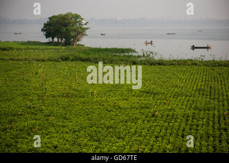 Barche da pesca al lago Taungthaman in Amarapura, Myanmar. Foto Stock