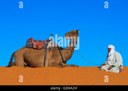 Merzouga Erg Chebbi, Merzouga dune di sabbia, Tuareg con il cammello, il Deserto del Sahara, Marocco, Maghreb, Nord Africa, Foto Stock