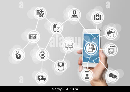 E-healthcare concetto con mano azienda smart phone Foto Stock