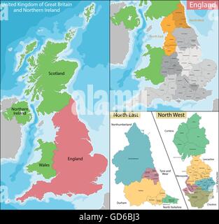 Mappa del Nord Est e Ovest Inghilterra Illustrazione Vettoriale