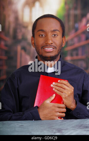 Sacerdote cattolico indossando il tradizionale collare clericale shirt seduto e tenendo la bibbia cercando nella fotocamera, concetto di religione Foto Stock