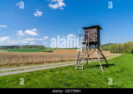 Il paesaggio agricolo con una pelle sollevata per la caccia, campo arato, alberi e nuvoloso cielo blu, Cunnersdorf, Bassa Sassonia, Germania Foto Stock