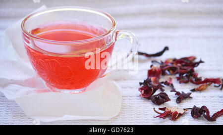 Tazza di tè di ibisco in coppa trasparente sulla tovaglia bianca accanto essiccati Fiori di ibisco Foto Stock