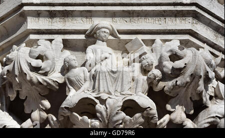 Pianeta Mercurio allegoria con Gemini e Virgo segni come insegnante e gli studenti, dal Palazzo Ducale antica capitale medievale di Saint Foto Stock