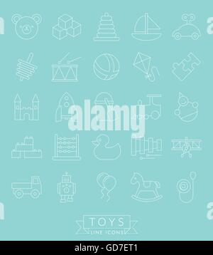 Set di 25 giocattoli per bambini icone, linea sottile design, bianco su sfondo turchese Illustrazione Vettoriale